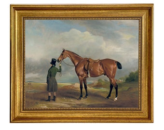 Horse and His Groomer Framed Oil Painting Print on Canvas in Antiqued Gold Frame