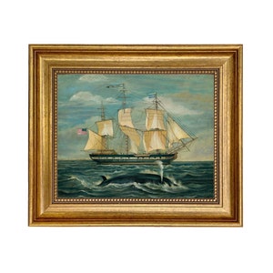 American Whaling Ship with Sperm Whale Framed Oil Painting Print on Canvas, Nautical Print, Framed Ship Print, Coastal Decor