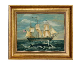 American Whaling Ship with Sperm Whale Framed Oil Painting Print on Canvas in Antiqued Gold Frame