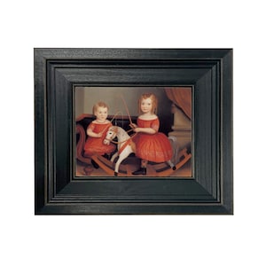 Deux enfants en robes rouges encadrée Peinture à l&#39;huile sur toile, Art primitif, Art populaire, Antiquité américaine, oeuvre d&#39;art mural