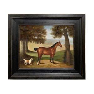 Horse and Dog in Landscape Oil Painting Print Reproduction on Canvas in Distressed Black Solid Wood Frame