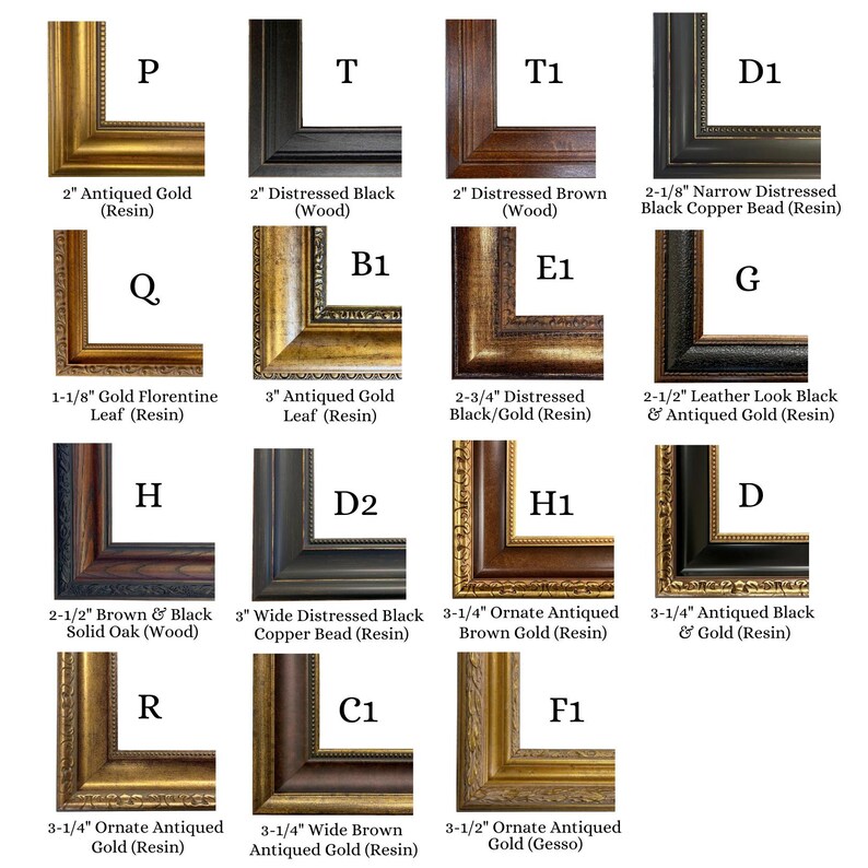 May include: A collection of frame corner samples in various styles and finishes. The samples include options like antiqued gold, distressed black, and brown, with resin and wood materials. Each corner is labeled with a letter and description.