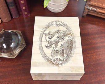 6-1/2" Horse Heads Etched Bone Box, Equestrian Decor, Horse Lover Gift