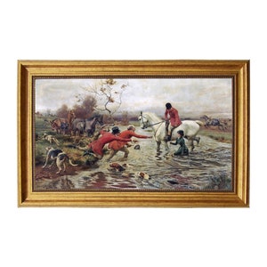 In The Creek Framed Equestrian Oil Painting Print on Canvas in Antiqued Gold Frame