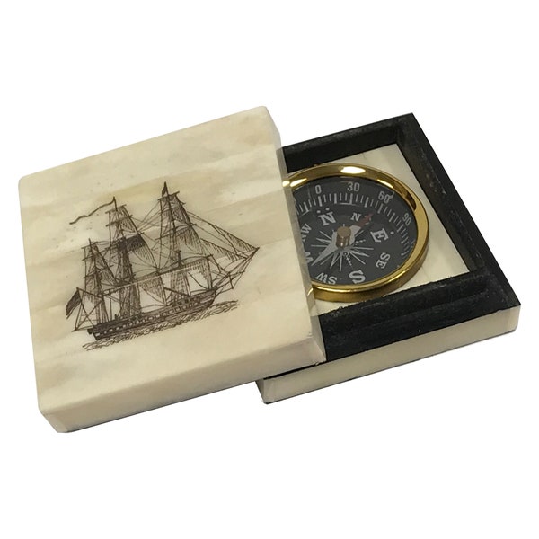 American Frigate Engraved Scrimshaw Ox Bone Compass Box with Inlaid Brass Compass- Antique Reproduction