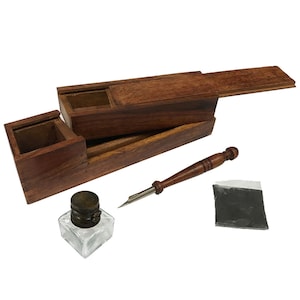 10" Colonial Distressed Wood Portable Traveling Writing Instrument Box with Clear Glass Inkwell, Black Ink Powder, Teak Wood Pen