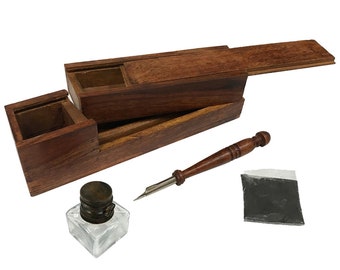 10" Colonial Distressed Wood Portable Traveling Writing Instrument Box with Clear Glass Inkwell, Black Ink Powder, Teak Wood Pen