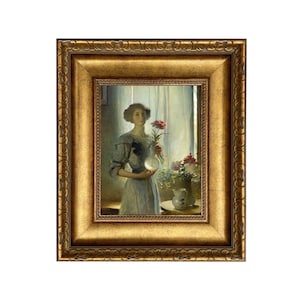 Junio, Mujer con flores, Impresión de pintura al óleo sobre lienzo en marco ancho dorado antiguo, Romántico, Maximalista, Retrato, Arte enmarcado
