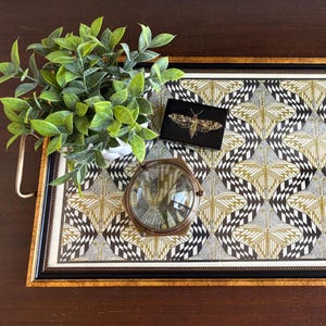 May include: A decorative tray with a geometric pattern in black, white, and gold. A small black box with a gold moth design, a magnifying glass, and a potted plant are on the tray. The tray has a black frame with gold trim.