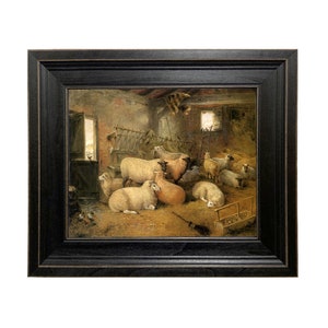 Sheep in the Barn Framed Oil Painting Print on Canvas in Distressed Black Wood Frame