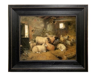 Sheep in the Barn Framed Oil Painting Print on Canvas, Framed Sheep Print, Vintage Sheep Print, Farmhouse Art, Sheep Art Print