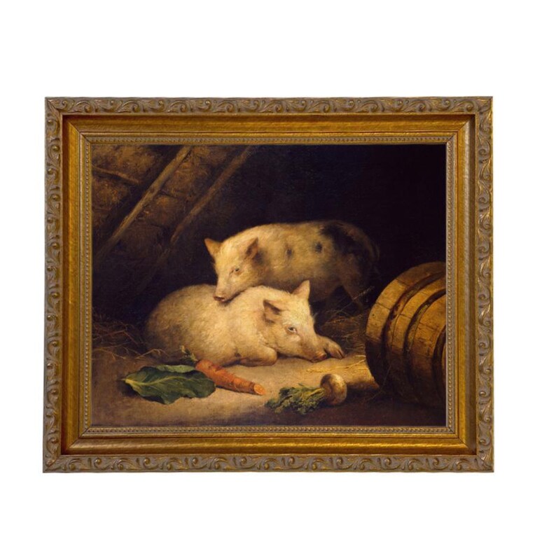 May include: An antique framed painting depicts two light-colored pigs resting in a barn setting. One pig is lying down, while the other rests on top. A carrot and greens are in the foreground. A wooden barrel is visible on the right.