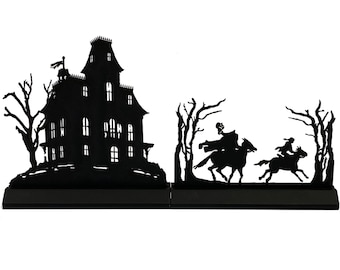 Haunted Mansion and Headless Horseman Scene Set Wooden Silhouettes Tabletop Ornament Sculpture Decoration