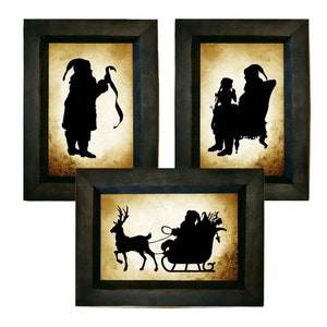 Set of 3 Framed Santa Claus Printed Silhouettes, Christmas Wall Art, Primitive Christmas, Christmas Silhouette, Vintage Style Silhouette Art