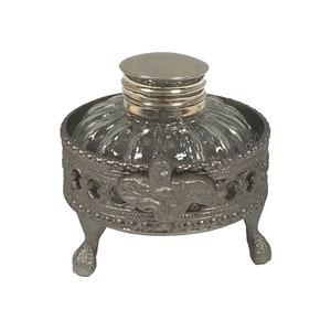 Pewter-Plated Inkwell Stand with Clear Glass Inkwell- Antique Vintage Style