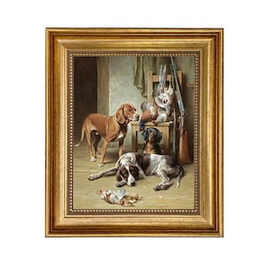 Hounds and Game Framed Oil Painting Print on Canvas, Rustic Cabin Decor, Hunting Dog Art, Vintage Dog Print, Gallery Wall Art