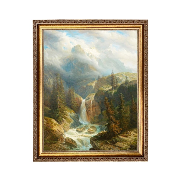 Waterfall Landscape Framed Oil Painting Print Reproduction on Canvas