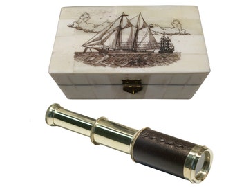 3" Polished Brass Leather-Wrapped Antique Pocket 5X Telescope Reproduction and Engraved 4-3/4" Schooner Ship Scrimshaw Bone Telescope Box