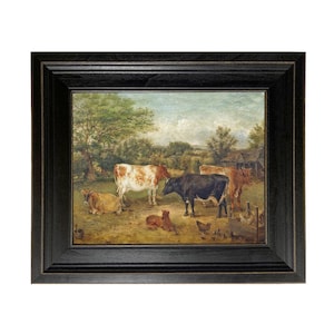 Cows and Chickens in a Meadow Framed Oil Painting on Canvas, Antique Style, Farmhouse Wall Art, Farm Animals, Laundry Room, Gallery Wall Art