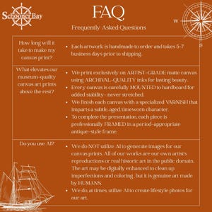May include: An orange-brown graphic with the text "FAQ Frequently Asked Questions" and a compass rose. The text answers questions about canvas prints, including production time, materials, and AI usage.