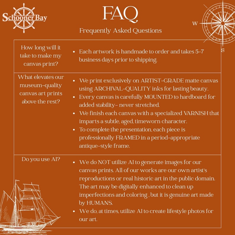 May include: An orange-brown graphic with the text "FAQ Frequently Asked Questions" and a compass rose. The text answers questions about canvas prints, including production time, materials, and AI usage.