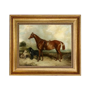 Chestnut Horse with Two Dogs Oil Painting Print on Canvas in Antiqued Gold Frame, Horse Art, Framed Horse Print, Equestrian Wall Art
