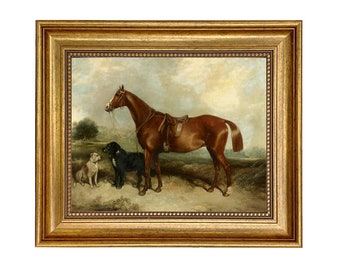 Chestnut Horse with Two Dogs Framed Canvas Print, Equestrian Wall Art