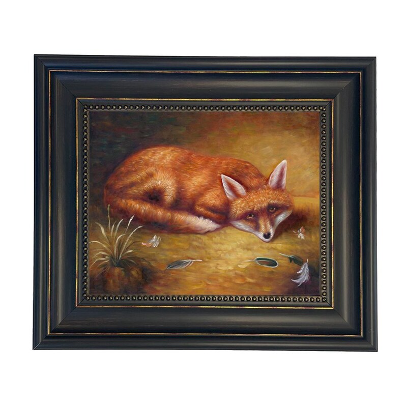 Framed Red Fox Canvas Print, Rustic Cabin Wall Art, Vintage Animal Art D1 Narrow Blk Copper