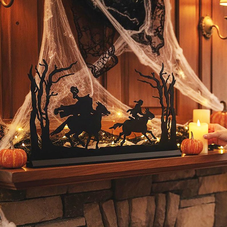 Headless Horseman Wood Silhouette, Sleepy Hollow Halloween Decor, Tabletop Scene image 1
