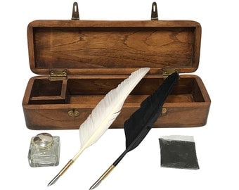 12" Colonial Distressed Wood Quill Pen Writing Pen Box, Clear Glass Inkwell, 2 Feather Quills and Black Ink Powder. Vintage Antique Style