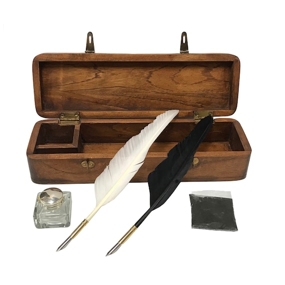 12 Colonial Distressed Wood Quill Pen Writing Pen Box, Clear Glass Inkwell,  2 Feather Quills and Black Ink Powder. Vintage Antique Style 