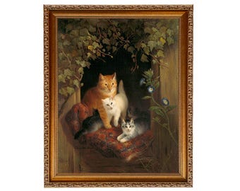 絵画 油絵　母と仔　猫 ママ、子猫と猫の絵、子猫と猫のアート、動物の絵、猫の絵、子猫の油絵