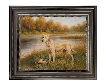 Framed Yellow Labrador Oil Painting Print, Vintage Dog Art, Cabin Hunting Lodge Decor