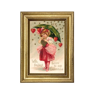 Little Girl with Umbrella 4x6" Vintage Antique Postcard Print Behind Glass in Gold Frame