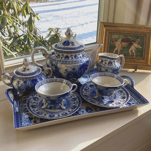 Liberty Blue Transferware Porcelain Tea Set with Tray, Antique Style, Teapot, Blue and White, Gift for Tea Drinker, Romantic Lifestyle