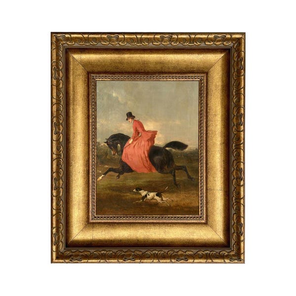 Woman on Horse with Dog Framed Canvas Print, French Portrait, Equestrian Wall Art