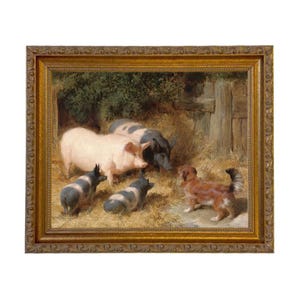 May include: An antique framed painting depicts a farm scene with pigs and a dog. The pigs are pink and black, and the dog is brown and white. The painting is set in a barn with hay.