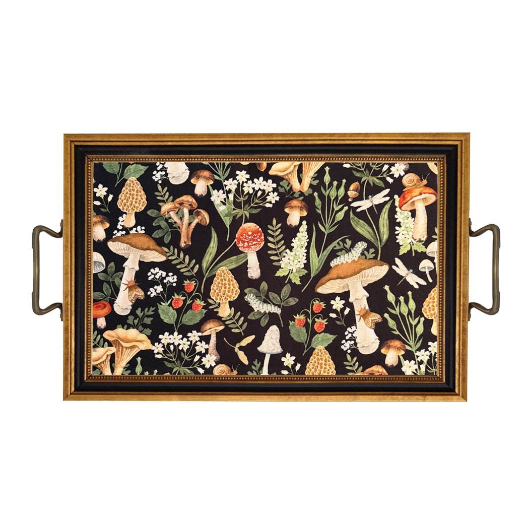 Wild Harvest Mushroom (Black) Fabric Decorative Tray with Brass Handles, Two Sizes, Cottagecore, Mushroom Decor, Mushroom Gift, Mushroomcore