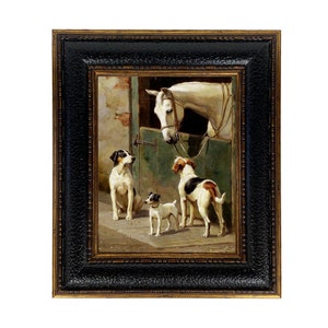 Pintura al óleo enmarcada con perros y caballos en el establo, impresión sobre lienzo, marco con aspecto de cuero, impresión de arte ecuestre, impresión de caballo enmarcada, estilo campestre inglés
