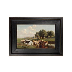 Pastoral Scene with Cows Framed Oil Painting Print on Canvas, Landscape with Cows, Vintage Style Art, Gallery Wall Art, Vintage Landscape
