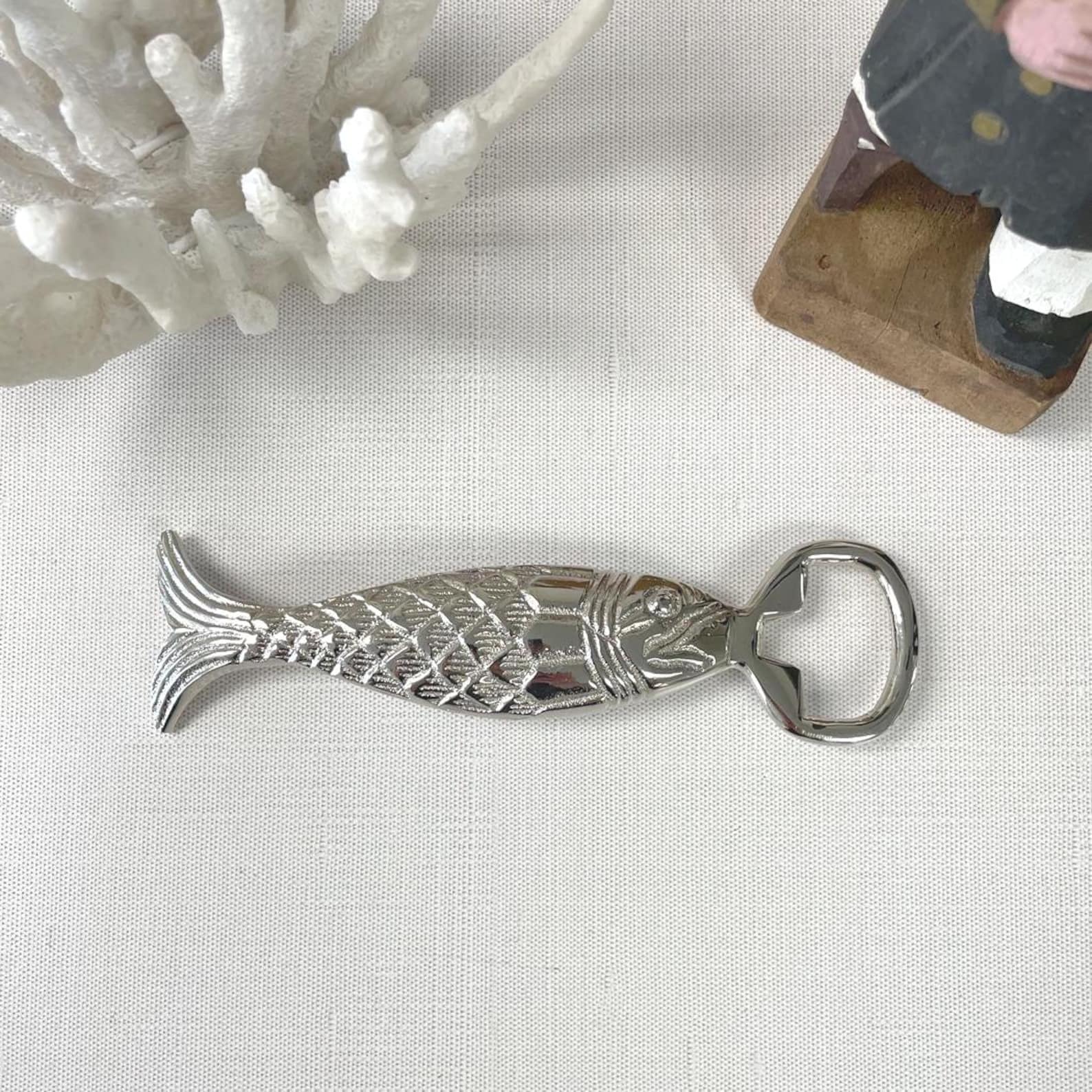 Nickel-Plated Brass Fish Bottle Opener, Nautical Barware (6")