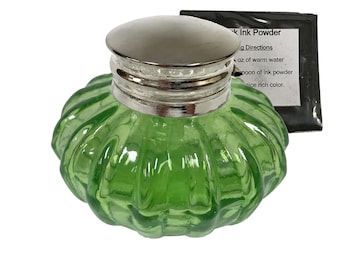 Light Green Swirl Inkwell with Ink Powder, Thick Glass, Antique Reproduction, 3"