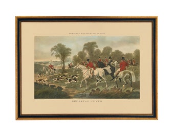 Scène de chasse au renard « Rupture de couverture » J.F. Hareng (vers 1867) Reproduction d'impression dans un cadre noir et or - 15-1/2 po. x 21-1/2 po.