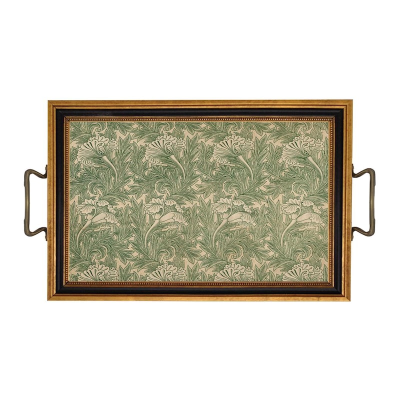William Morris tulpanbricka med mässingshandtag, vårdekor, grön dekor, soffbordsbricka, byråbricka, engelsk lantlig Small Rectangular