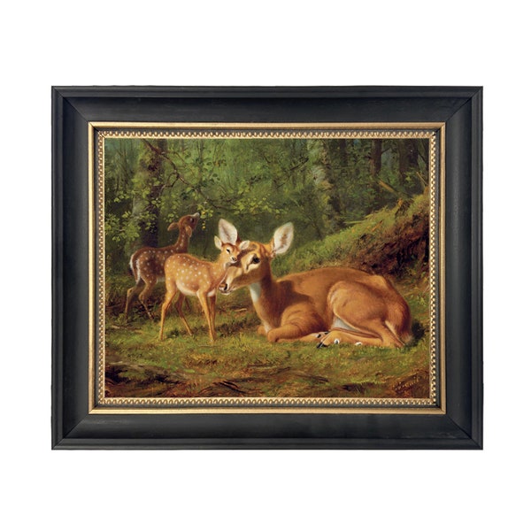 Doe and Twin Fawns by Tait Framed Oil Painting Print on Canvas in Black and Gold Wood Frame