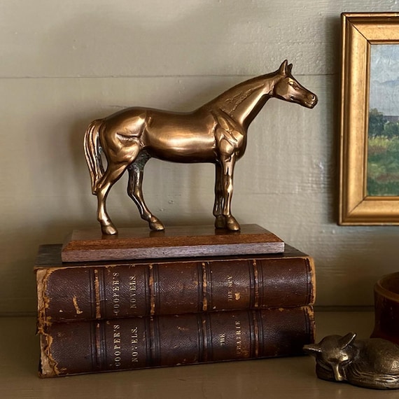 Antiqued Brass Horse on Wood Stand, Horse Figurine