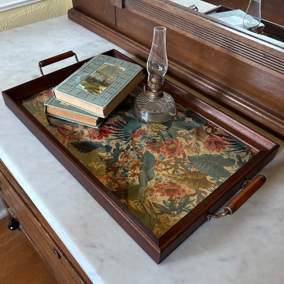 Vintage-inspired Blue and Red Floral Tray, Handmade, Wood and 