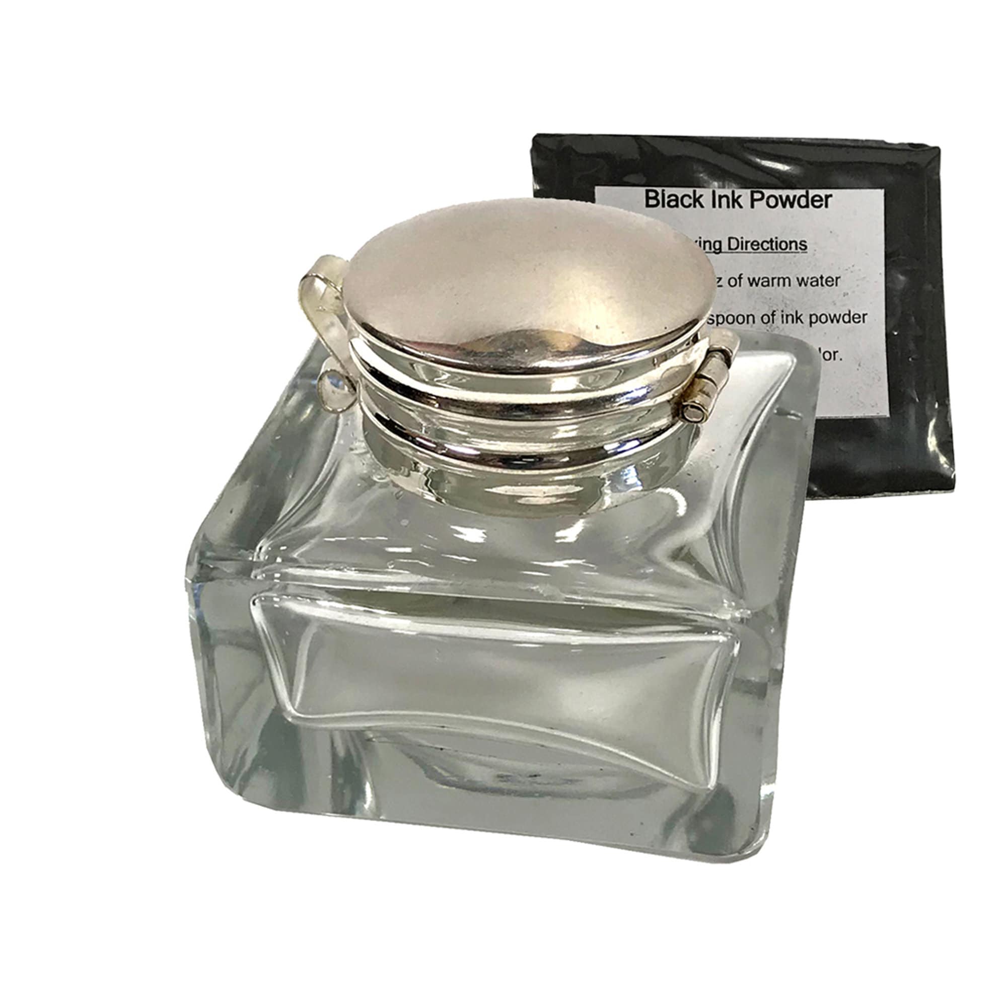 1-3/4インチ角の透明ガラス製インク壺、インク付きアンティーク