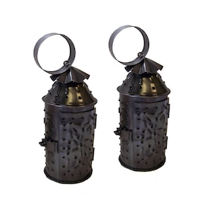 Set of 2 Mini Punched Tin Lanterns- Antique Vintage Style
