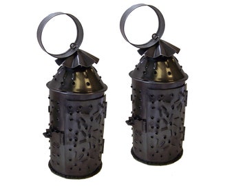 Set of 2 Mini Punched Tin Lanterns- Antique Vintage Style